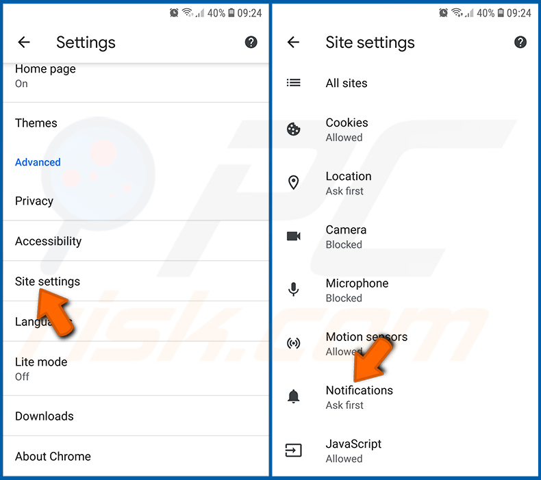 Deshabilitar las notificaciones del navegador en el navegador Chrome en el sistema operativo Android (paso 2)