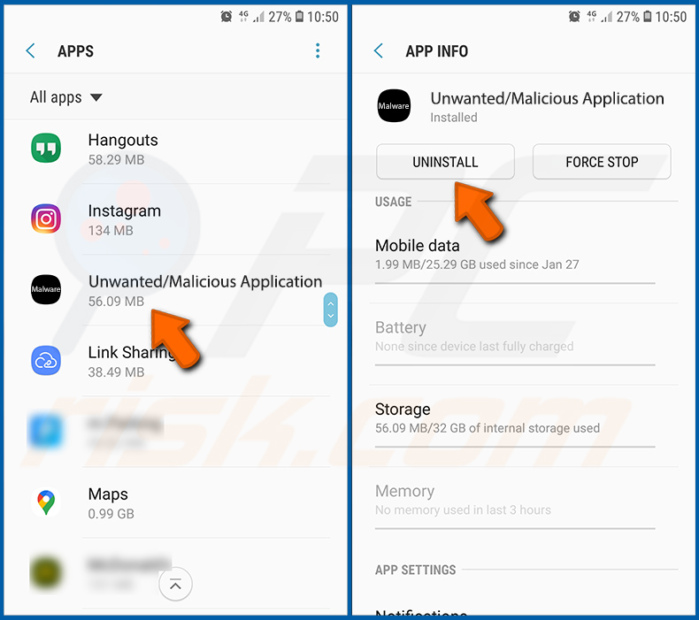 Eliminar aplicaciones no deseadas/maliciosas del sistema operativo Android (paso 2)