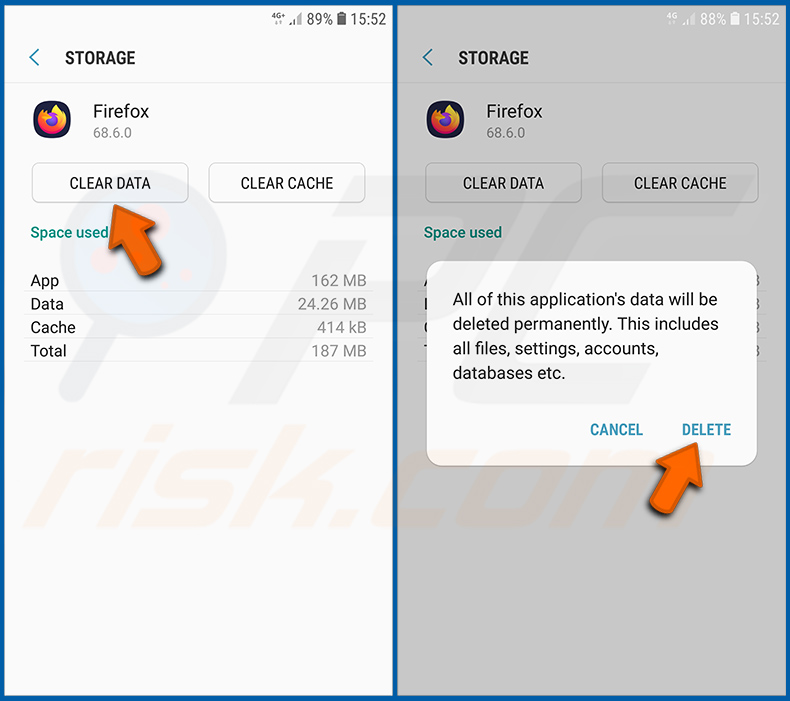 Restablecimiento del navegador Firefox en el sistema operativo Android (paso 3)