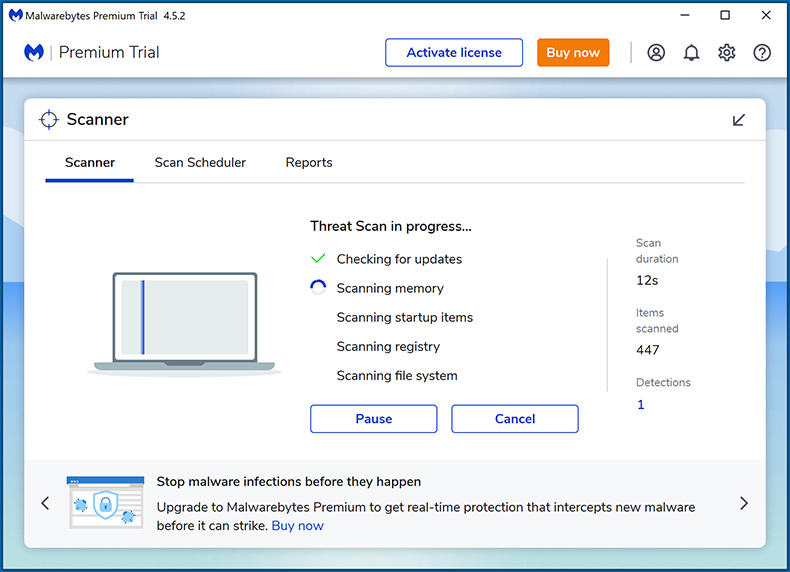 Escaneo del sistema en Malwarebytes Premium