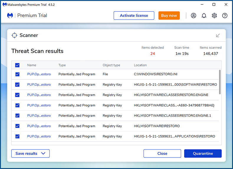 Malwarebytes Premium scan results