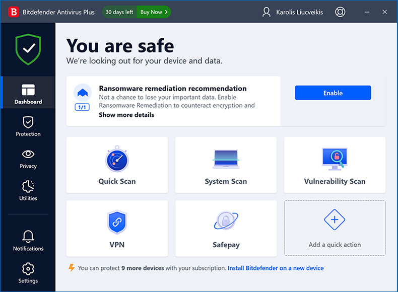 Pantalla principal de Bitdefender Antivirus Plus