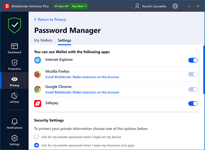 Gestor de contraseñas Bitdefender Antivirus Plus