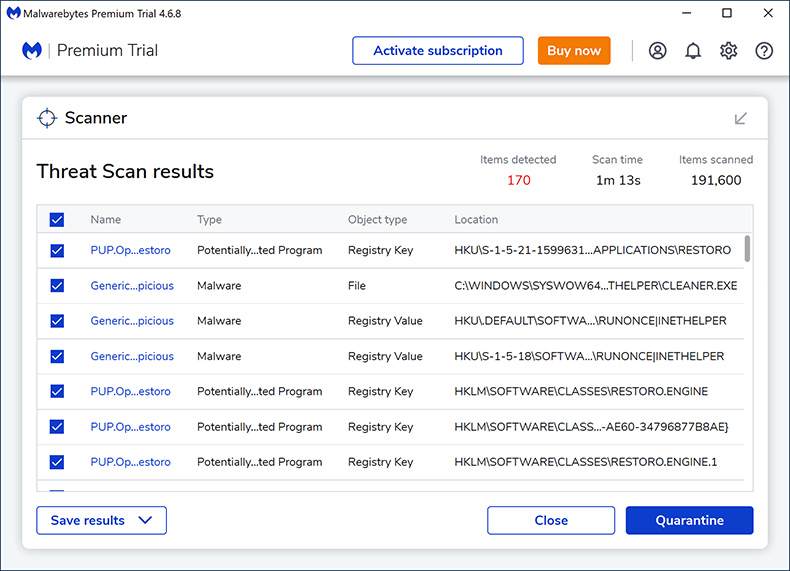 Resultados del análisis de Malwarebytes Premium 2024