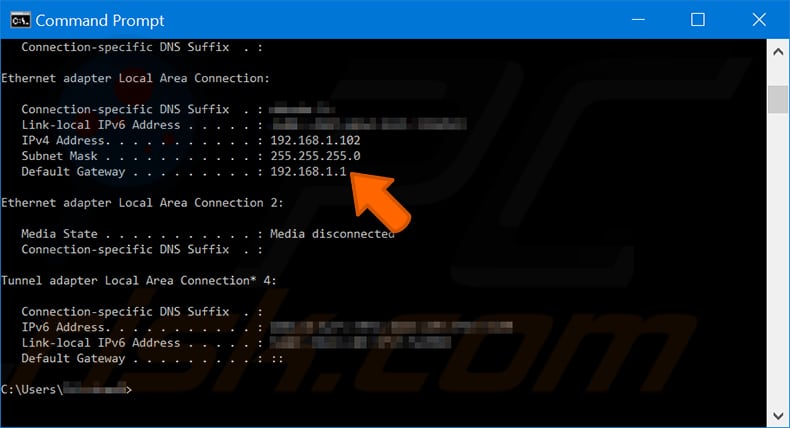 Busque su dirección IP en conexión de área local del adaptador Ethernet