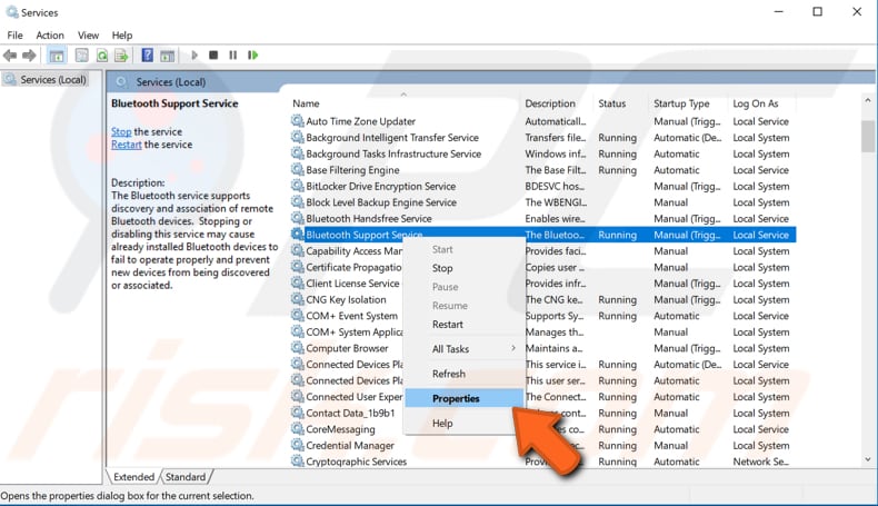 Verifique el servicio de soporte de Bluetooth - paso 2