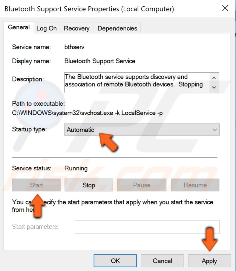 Verifique el servicio de soporte de Bluetooth - paso 3