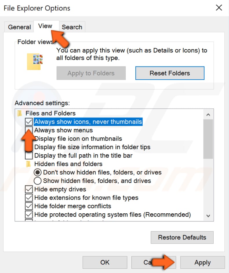 Deshabilitar miniaturas usando las opciones de File Explorer paso 2