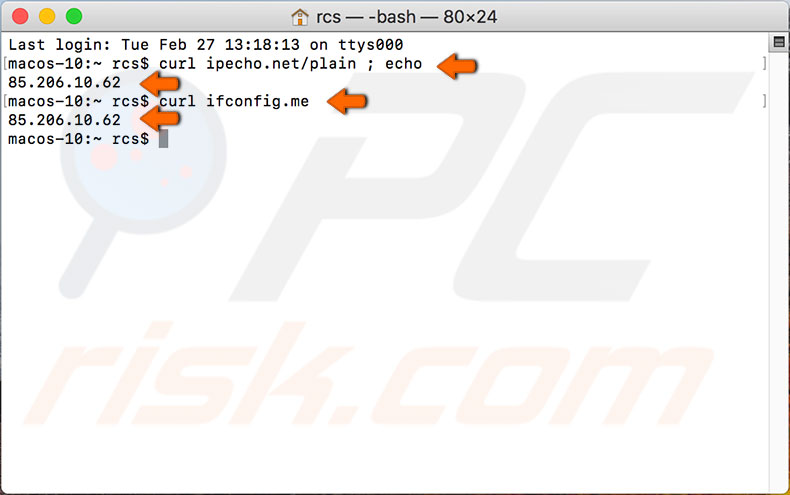 Dirección IP externa en Terminal