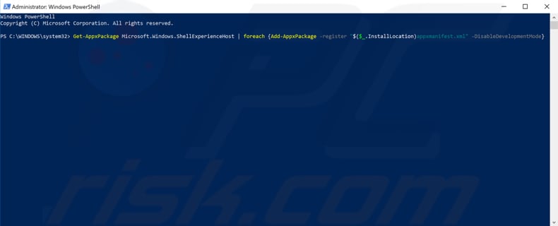 Vuelva a registrar Cortana y ShellExperienceHost - paso 2