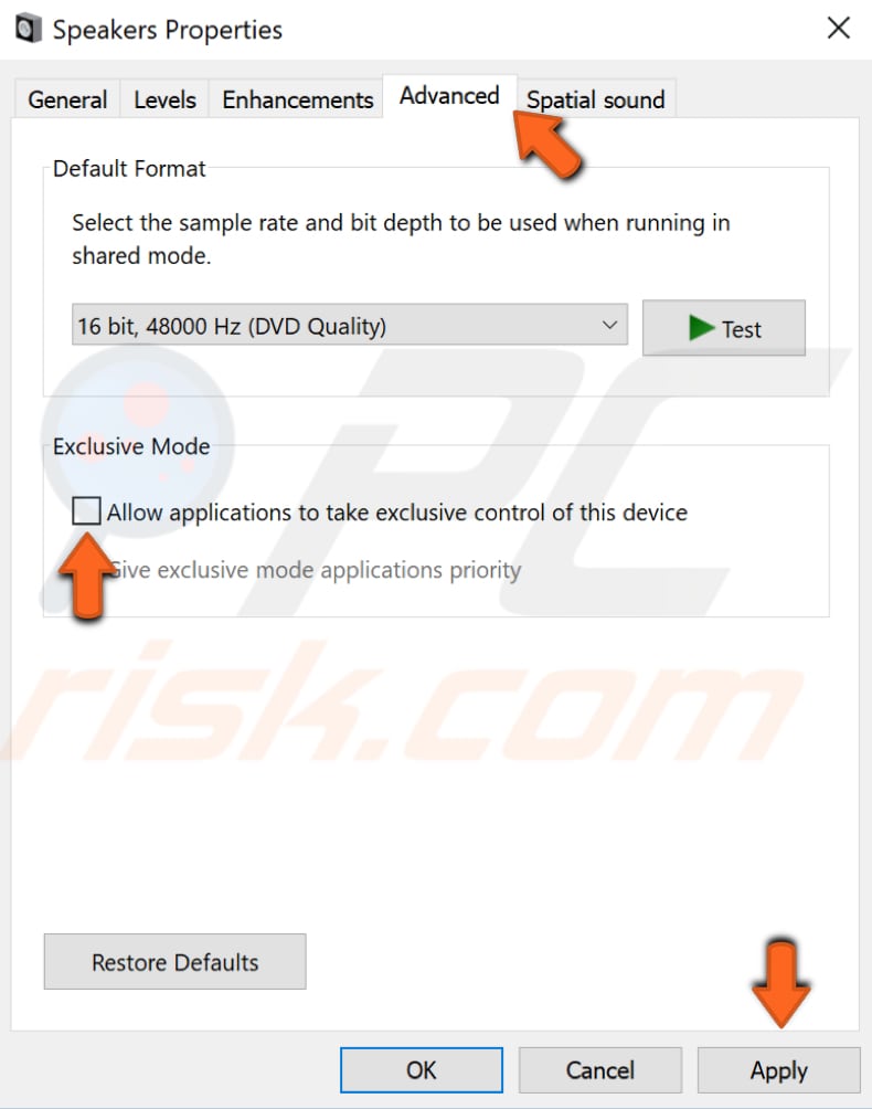 Deshabilite permitir que las aplicaciones tomen el control exclusivo de este dispositivo - paso 3