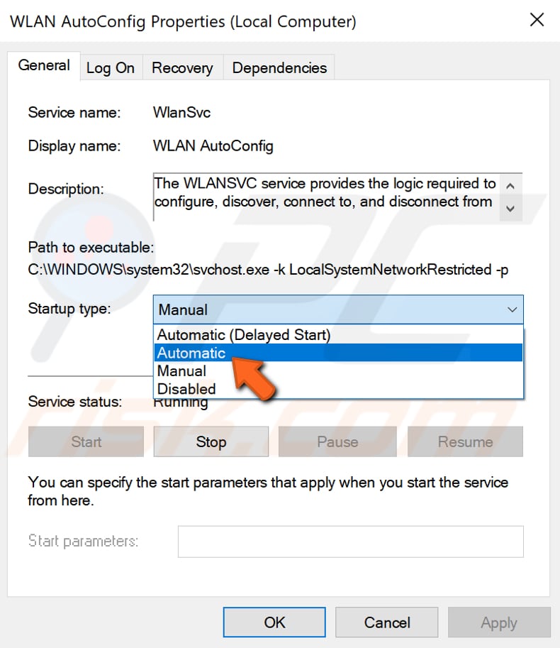 Cambiar el tipo de inicio del servicio wlan autoconfig paso 3