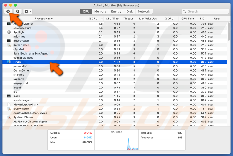 Forzar el cierre de Finder Activity Monitor