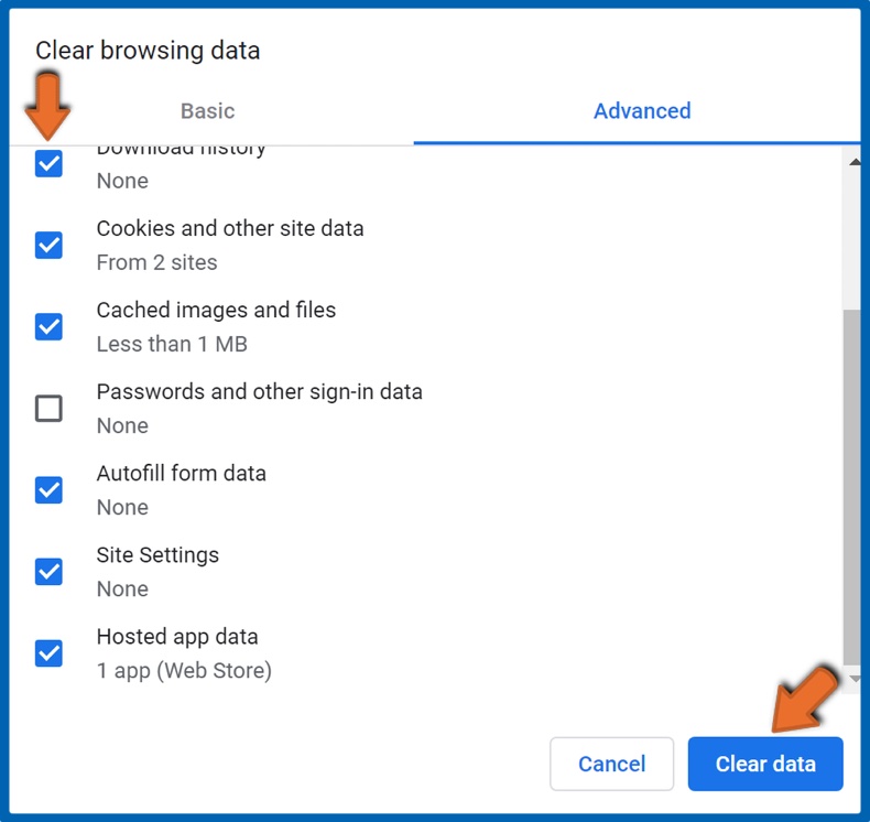 Seleccione todas las opciones y haga clic en Borrar datos