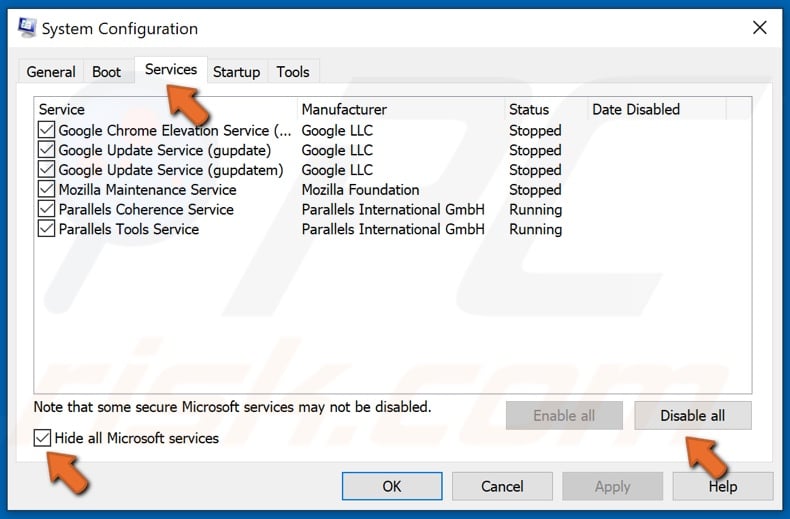 Marque la casilla de verificación Ocultar todos los servicios de Microsoft y haga clic en Deshabilitar todo