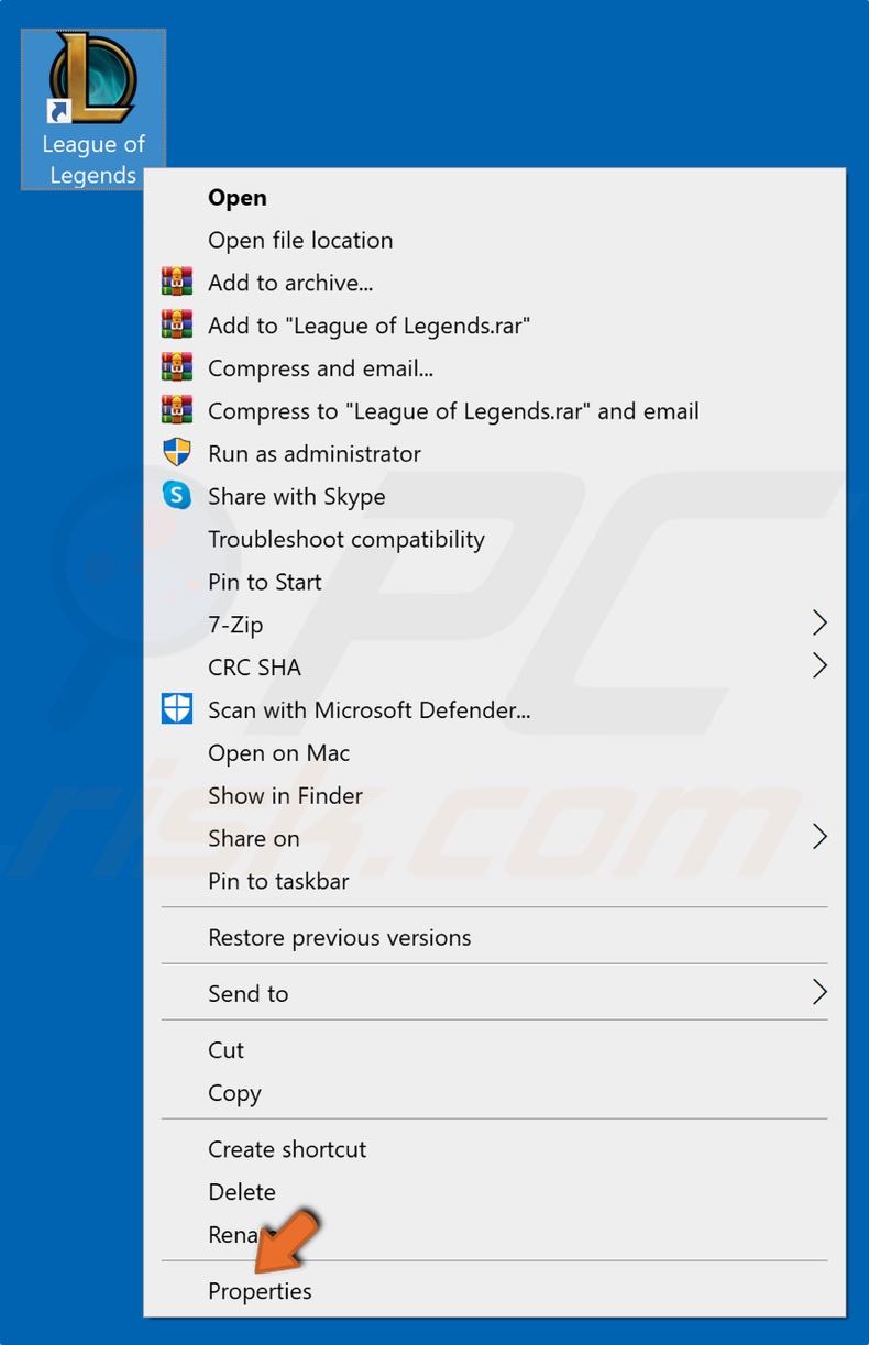 Haga clic con el botón derecho en el icono League of Legends y haga clic en Propiedades