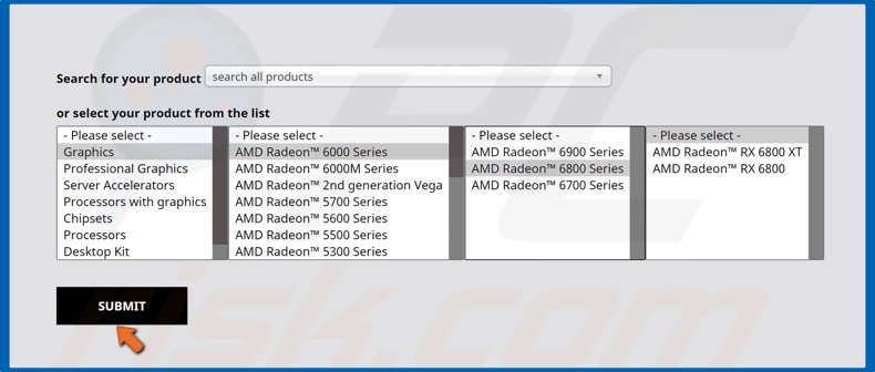Seleccione su tarjeta gráfica AMD y haga clic en Enviar