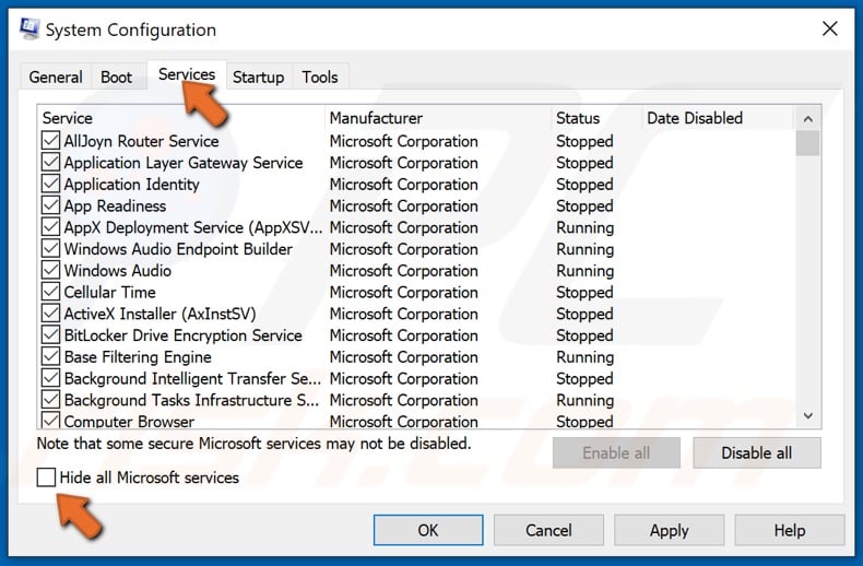 Asegúrese de que todos los servicios de Microsoft no estén ocultos