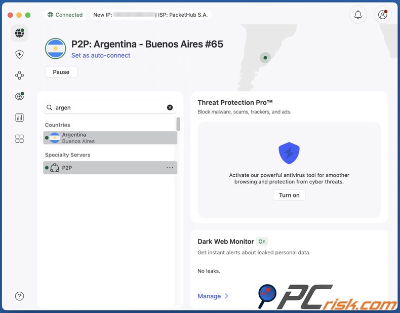 NordVPN conectado a Argentina
