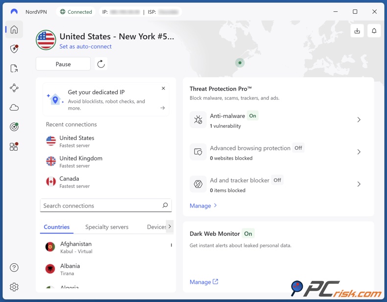 NordVPN conectado a un servidor de EE. UU.