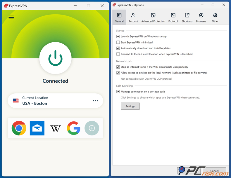 Panel de ExpressVPN
