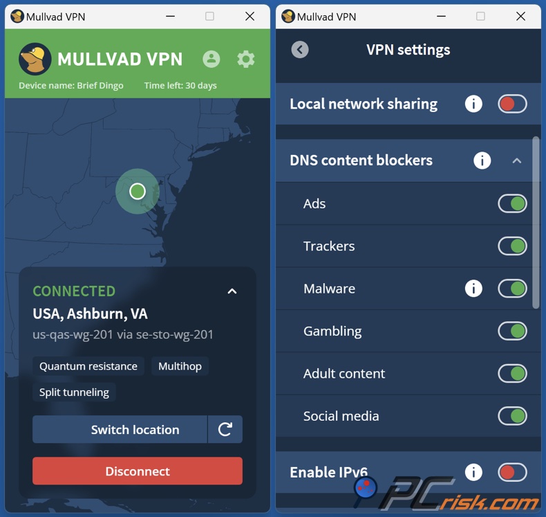 Panel de Mullvad VPN