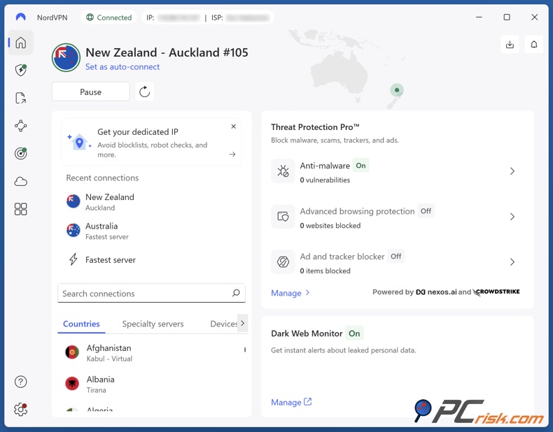 NordVPN conectado a Nueva Zelanda