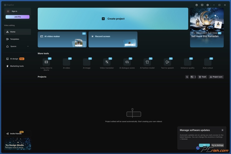 Panel de control de CapCut para Windows