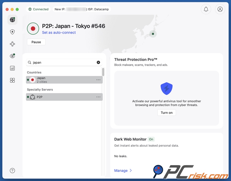 NordVPN conectado a Japón