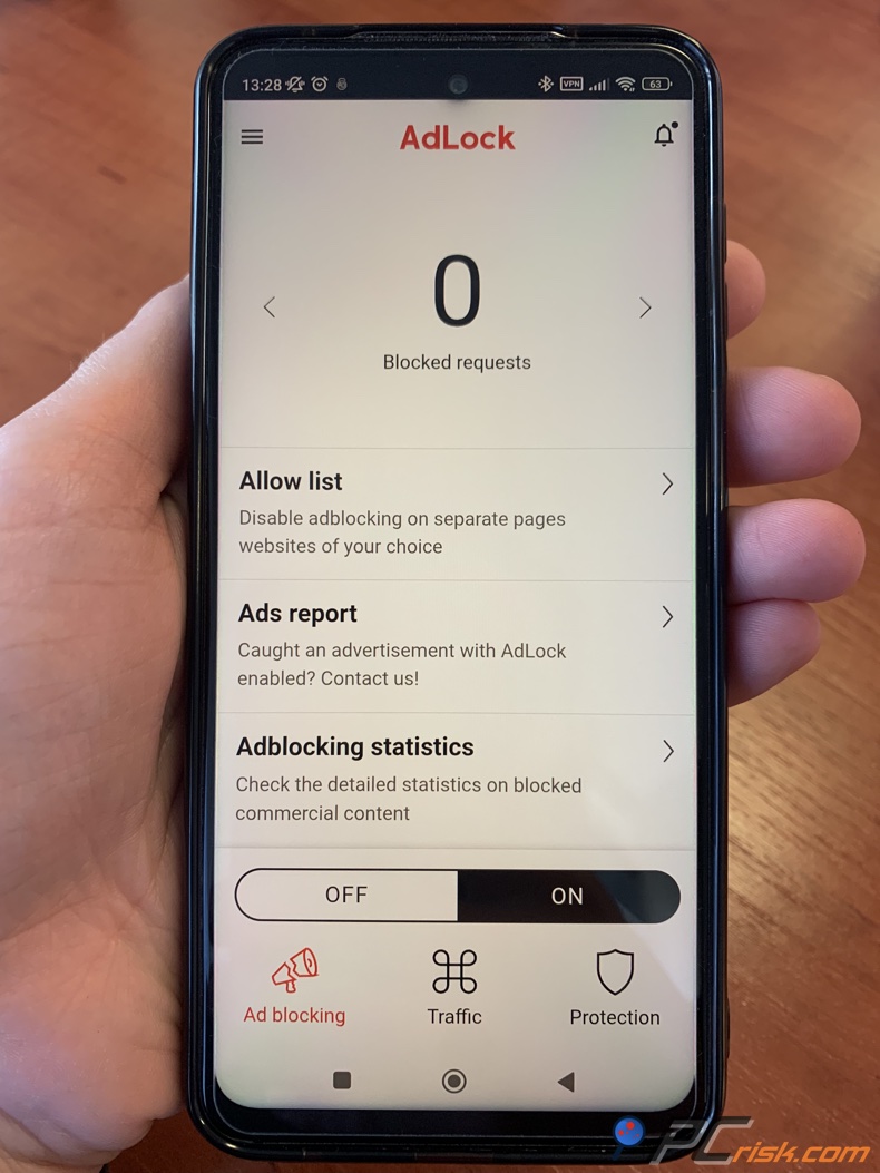 Panel de AdLock en Android