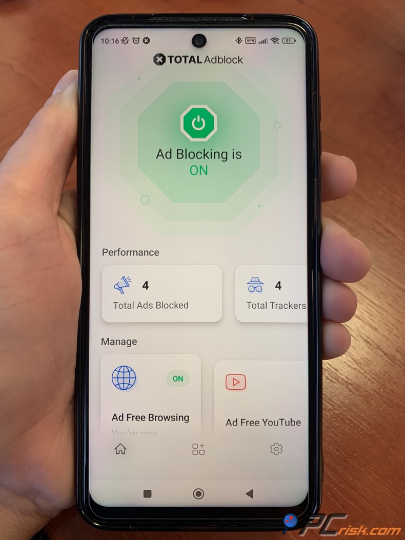 Pantalla de inicio de Total Adblock en Android