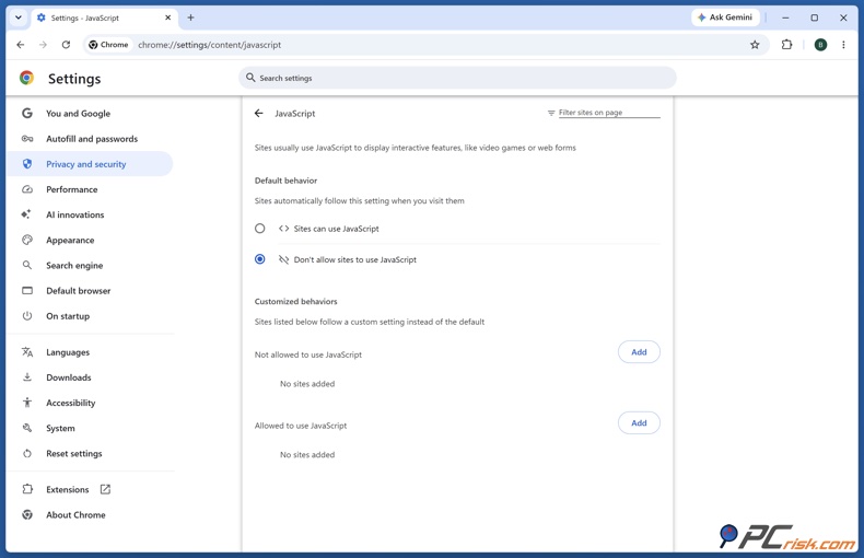 Configuración de JavaScript de Chrome