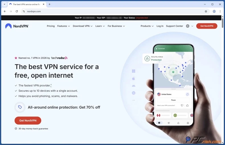 Página de inicio de NordVPN