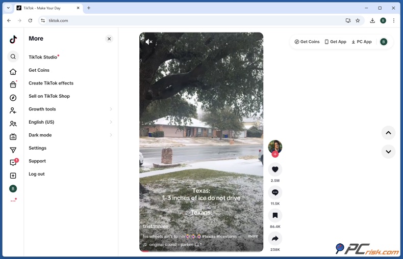 Menú lateral de TikTok y botón «Obtener monedas»