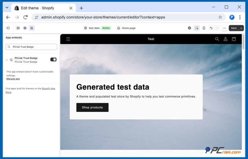 Inserción de aplicación en el editor de temas de Shopify