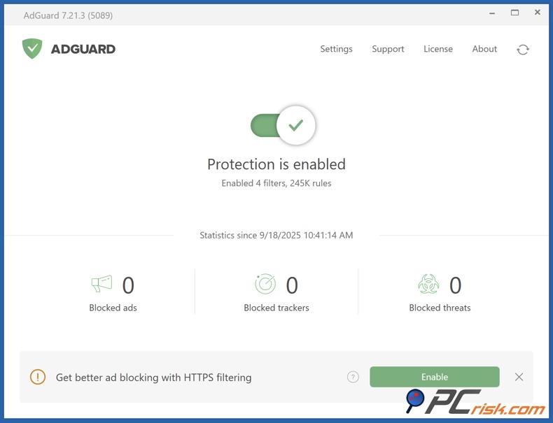 Panel de la aplicación de AdGuard para Windows