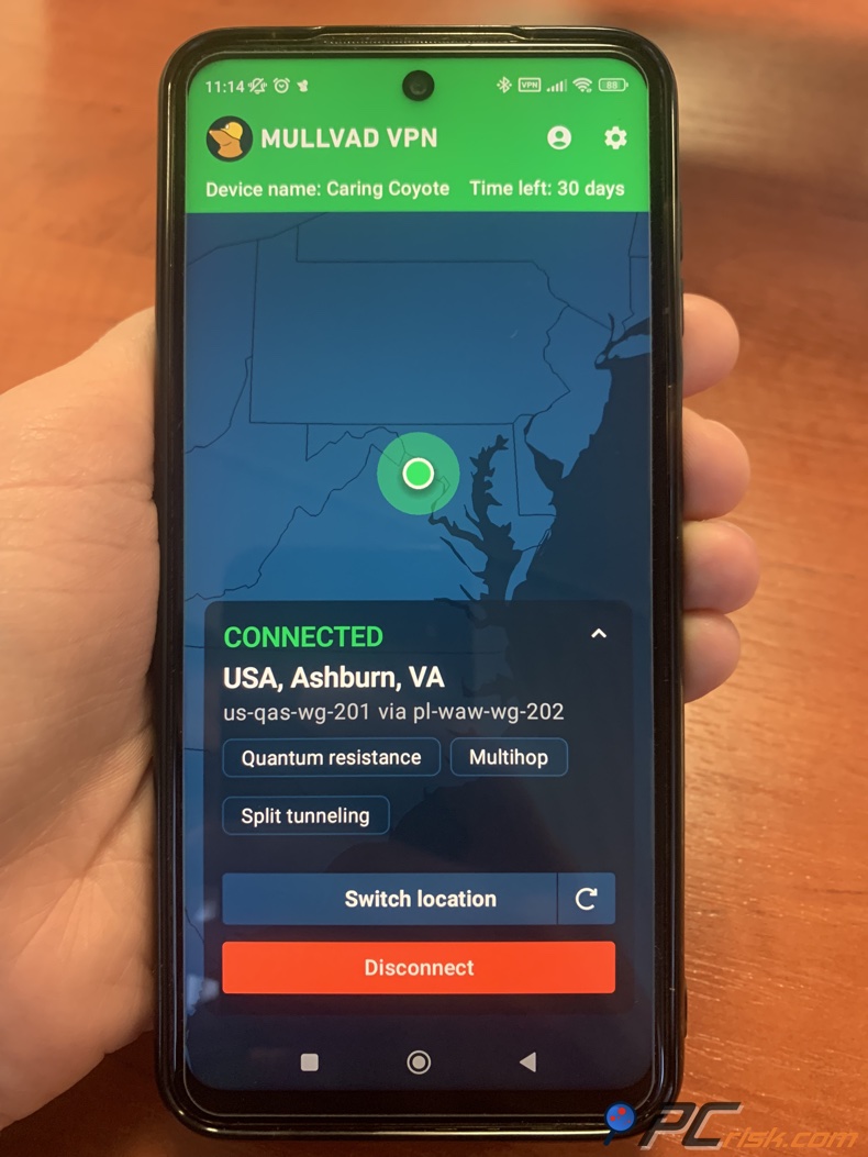 Panel de Mullvad VPN para Android