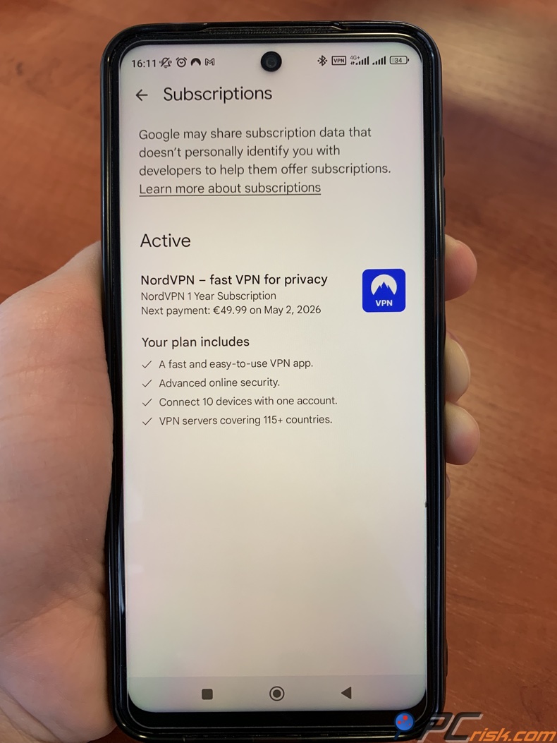 Información de la suscripción de NordVPN en Google Play Store