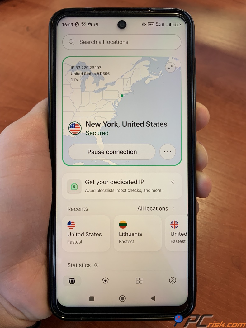 NordVPN Android conectado a Estados Unidos