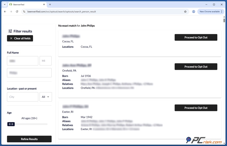 BeenVerified record search results
