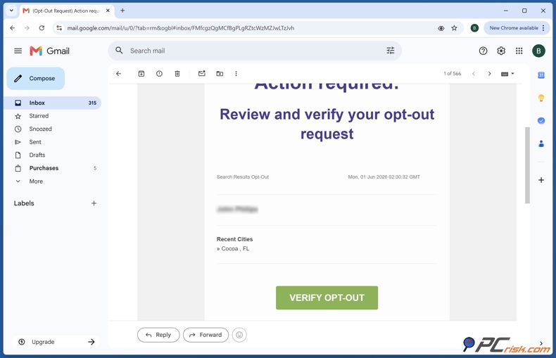 BeenVerified Verify Opt Out email