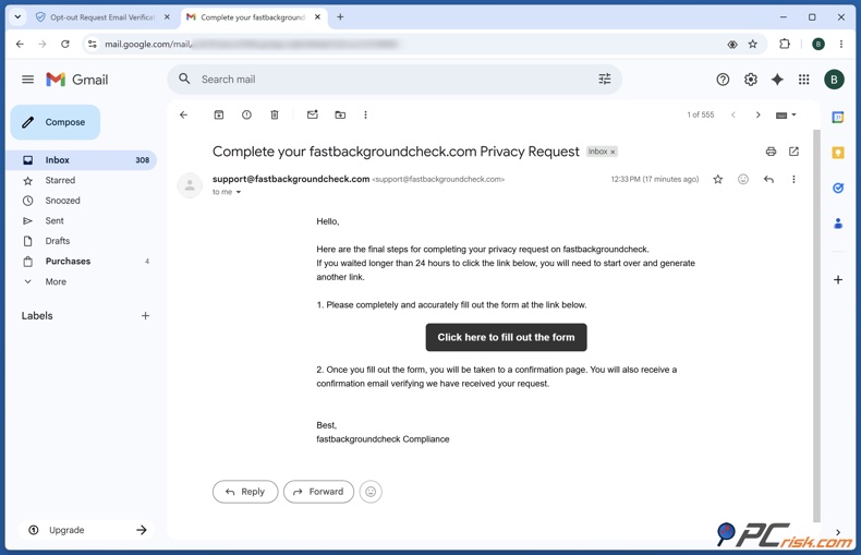 Correo electrónico de verificación de FastBackgroundCheck