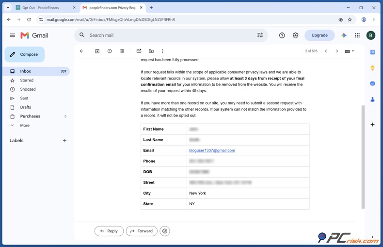 Opt out confirmation email