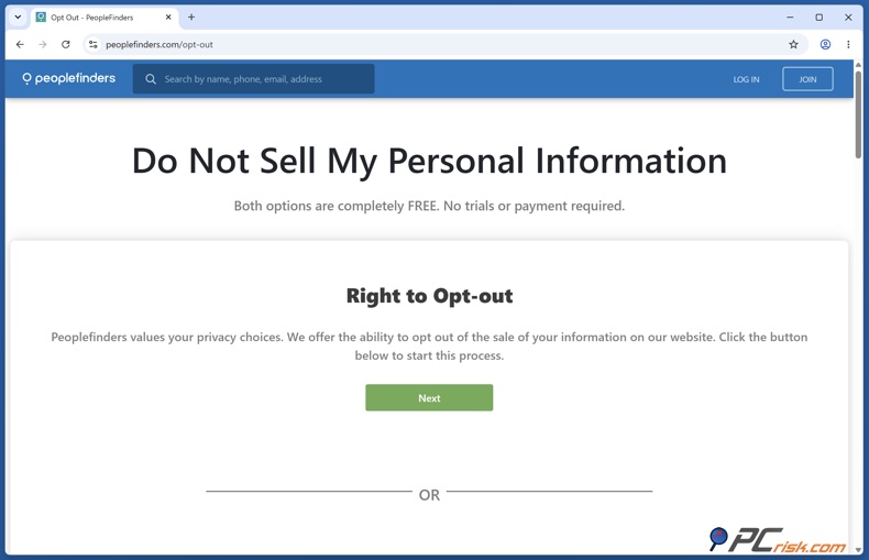 PeopleFinders dont sell my personal information page