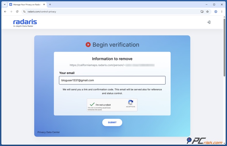 Verificación por correo electrónico de Radaris
