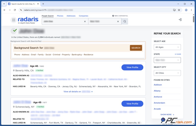 Resultados de búsqueda de perfiles en Radaris
