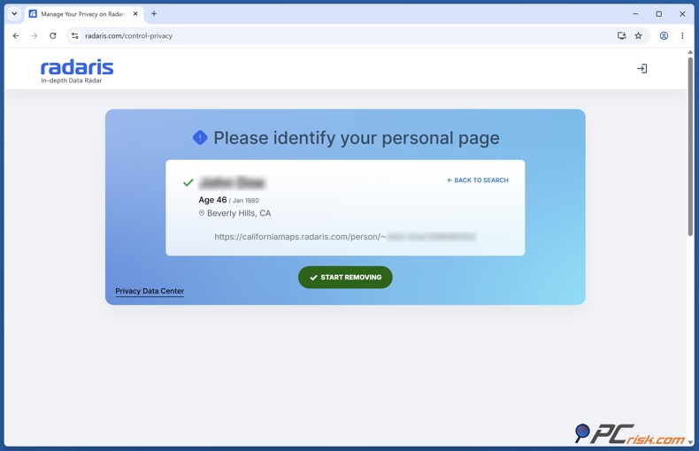 Identificación de la página personal de Radaris