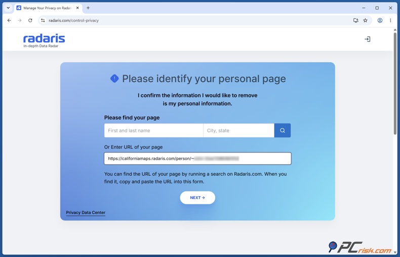 URL de la página personal de Radaris
