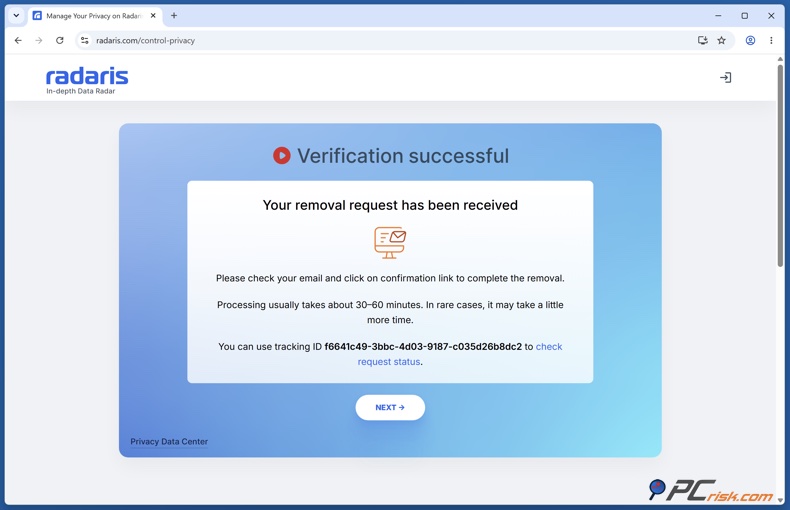 Verificación exitosa de Radaris
