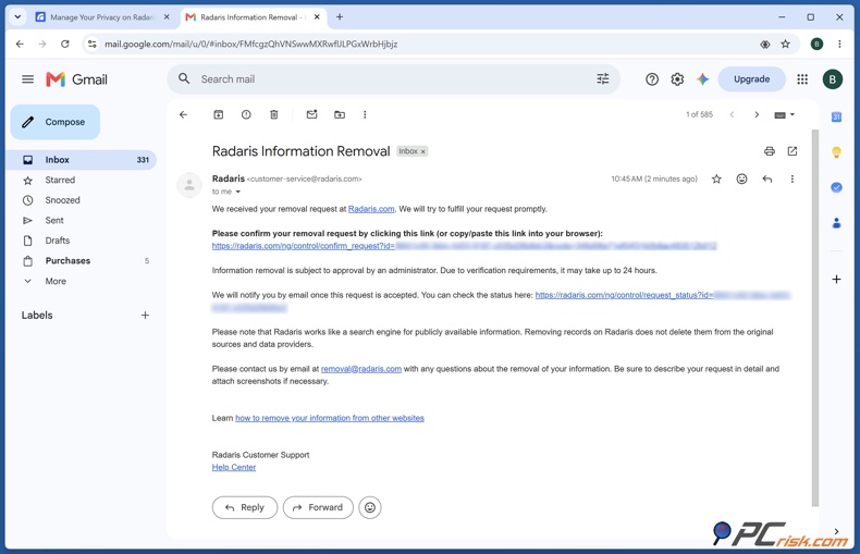 Correo electrónico de verificación de Radaris